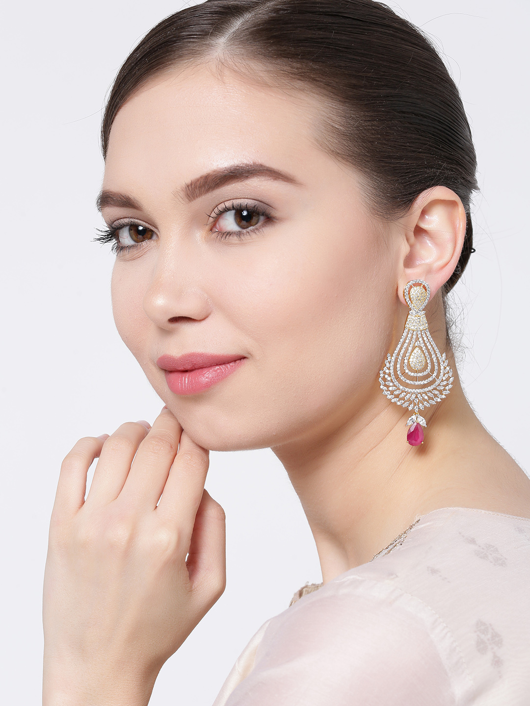 YouBella Silver-Toned Gold-Plated Teardrop Shaped Drop Earrings